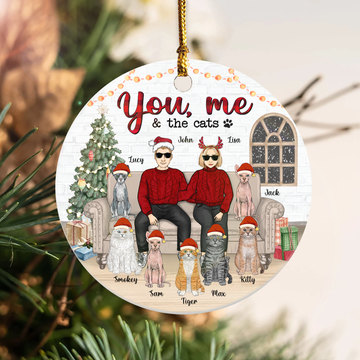 Personalized You Me And Cats Christmas Metal Ornament